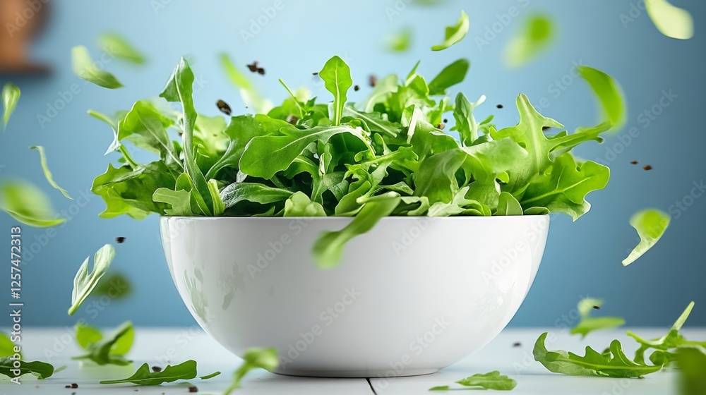 Bowl of greens is flying through the air. The bowl is white and filled with greens. The greens are scattered all over the table Bowl of greens is flying through the air. The bowl is white and filled with greens. The greens are scattered all over the table