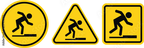 Tripping hazard symbol safety sign. Floor surface obstacle fall caution symbol. Person foot falling beware sign. Vector Illustration.