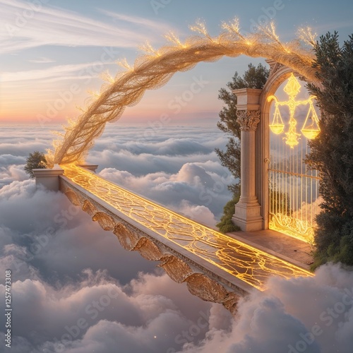 Magical Portal with Golden Arch and Scales on a Cloudy Horizon at Sunset. This is a beautiful image of a portal or gateway, in a fantastical and ethereal style. The archway is golden and illuminated
