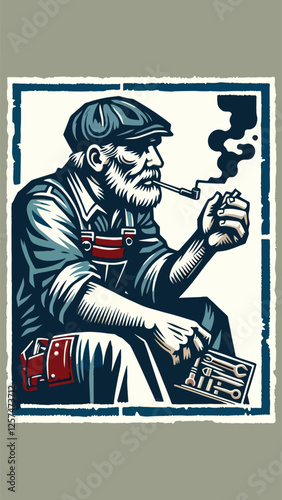 an old man in mechanic's clothes was sitting and smoking, in block print style 