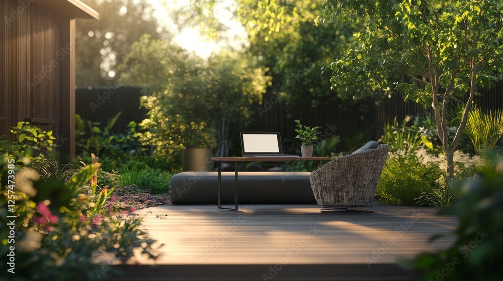 Obraz premium Outdoor home office setup, comfortable lounge position, modern laptop workspace, natural wood deck flooring, garden greenery background, soft bokeh effect, documentary style photography