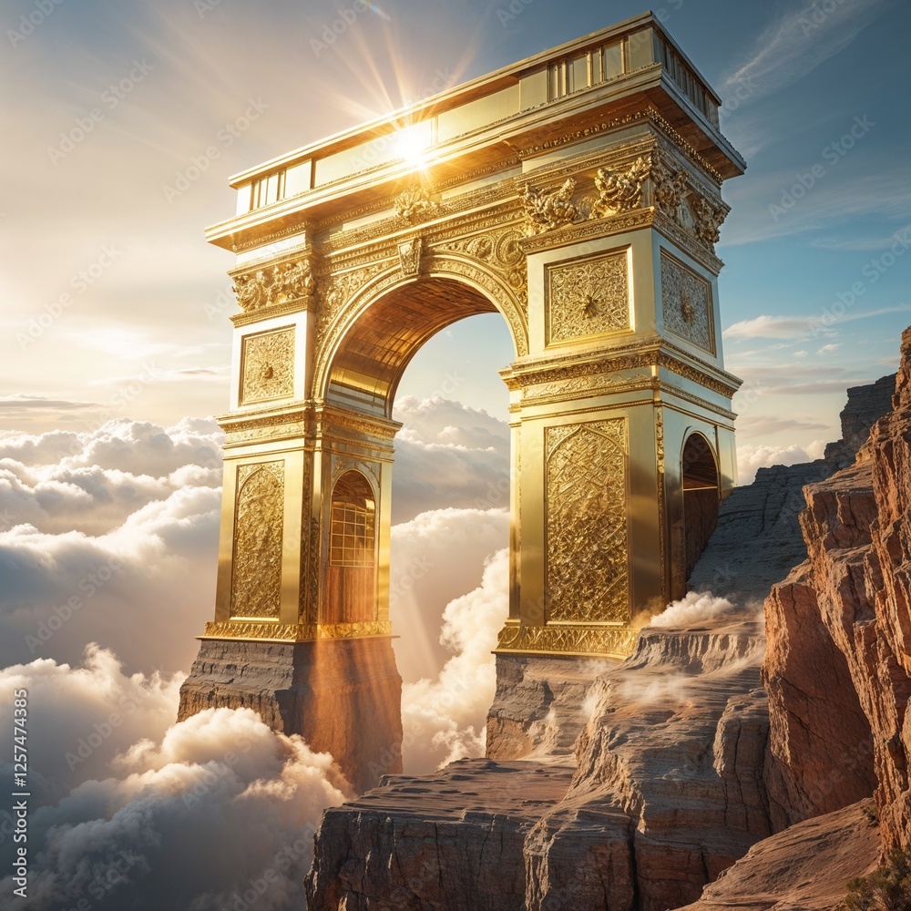 Fototapeta premium Majestic Archway Pierced By Sunrise Through Clouds Over Rugged Mountainscape Landscape Viewpoint With Panoramic Vista And Picturesque Valley Scenery And Scenic River Viewpoint Landscape Scenery Of A