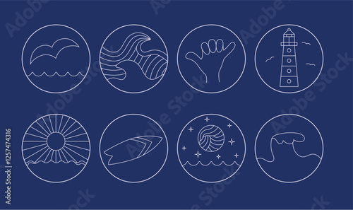 Simple thin line round ocean, surf icons for sticker, t shirt, merch design. White vector badge with sun, board, wave