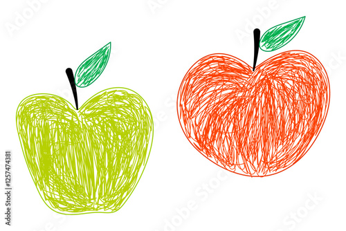 Scribble-style illustration of a green apple and a red apple with leaves, drawn in a playful and artistic manner. A set of apples.