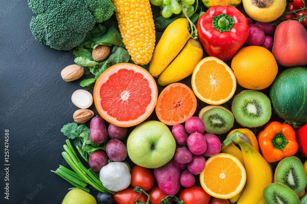 Variety of fresh fruits and vegetables displayed on a black background for culinary concepts Variety of fresh fruits and vegetables displayed on a black background for culinary concepts