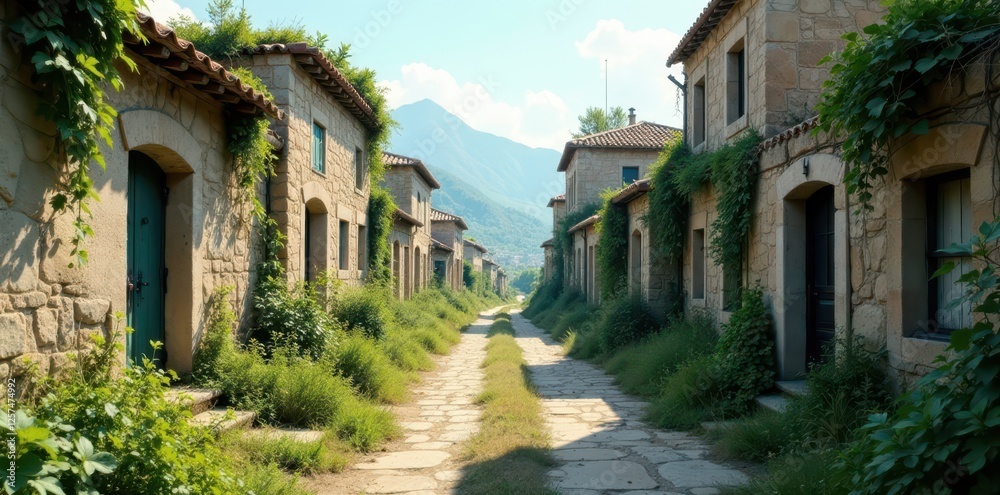 Distressed urban landscape with worn stone buildings and overgrown vegetation, foliage overgrowth, moody atmosphere Distressed urban landscape with worn stone buildings and overgrown vegetation, foliage overgrowth, moody atmosphere