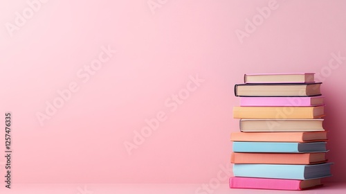 Colorful book stack on pink background; education, reading, knowledge concept; website banner