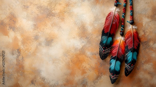 Colorful feathers on rustic background;  Native American craft; design element; website banner