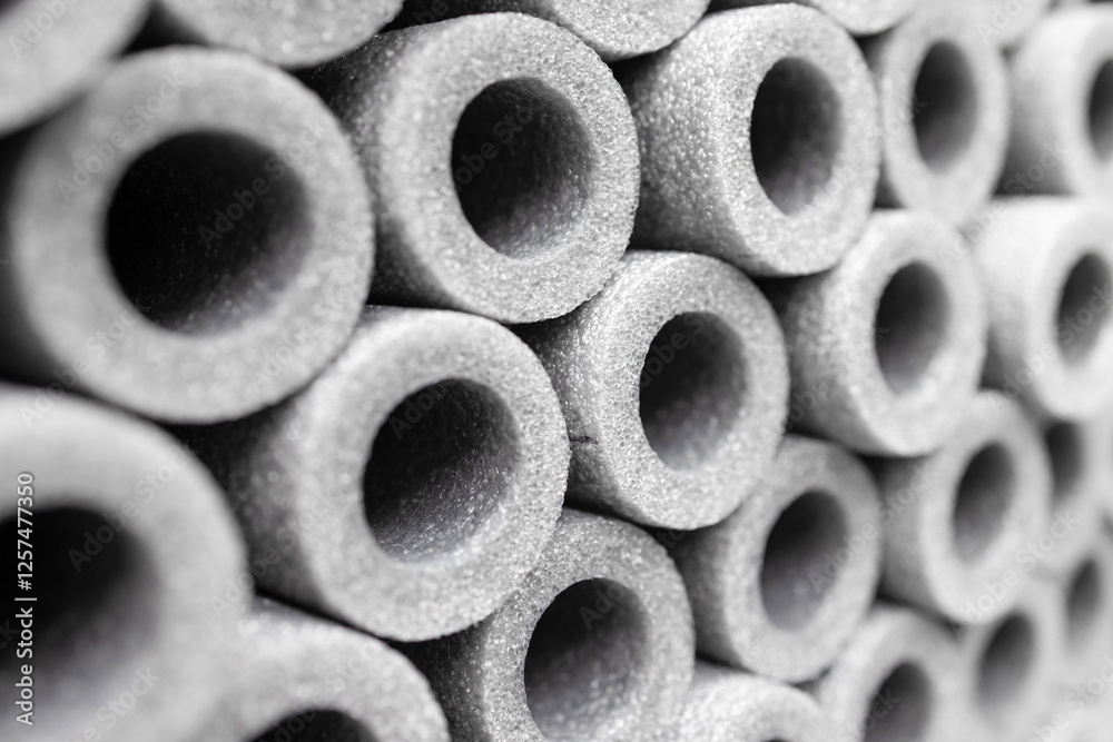 Foam tube as abstract background. Stacks of grey foam insulation tubes for pipes . Soft focus