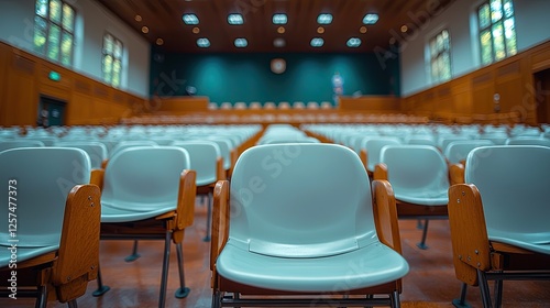 Empty auditorium with rows of white chairs, wooden accents, and soft lighting, ideal for events