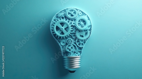 A flat design image of a light bulb with interlocking gears visible inside, symbolizing the process of transforming ideas into business growth and technological innovation.
