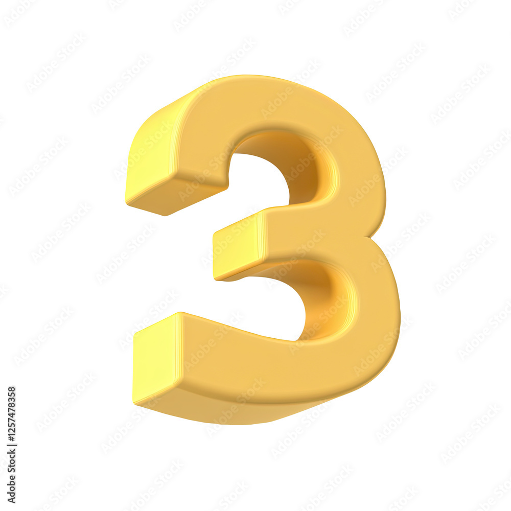 Yellow 3D Number Three, White Background, Graphic Design Element Yellow 3D Number Three, White Background, Graphic Design Element