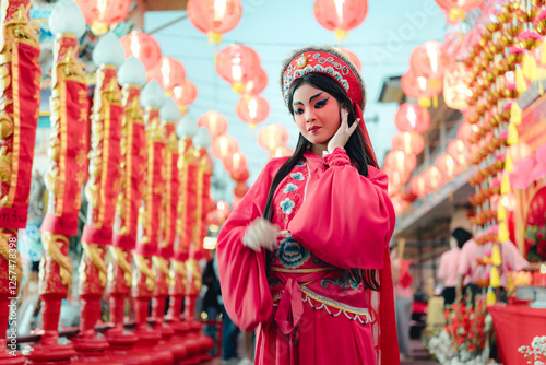 Chinese opera performance amidst lanterns cultural festival vibrant setting artistic viewpoint