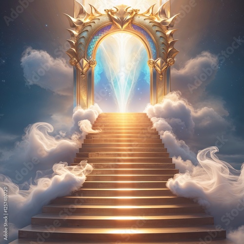 Majestic Golden Staircase Leading to an Ethereal Gateway Surrounded by Soft Clouds and Glowing Light