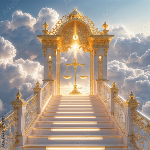 Majestic Golden Staircase Leading to Ethereal Gateway with Scales of Justice and Cloudy Sky with Light and Tranquility of Harmony and Vision of Destiny and Aim for Hope and Illumination, and Radiance