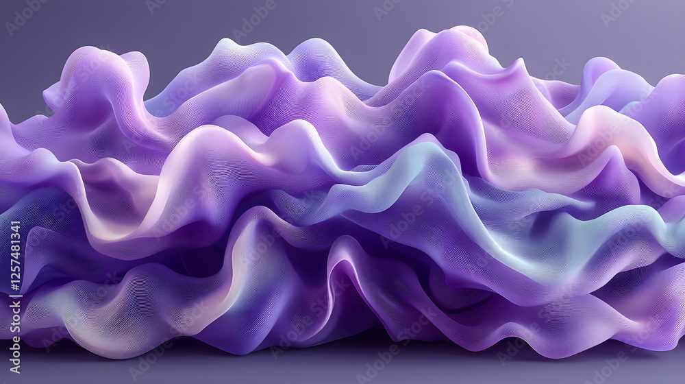 Obraz premium Flowing fabric waves in shades of purple and lavender with soft, smooth textures on a gradient background