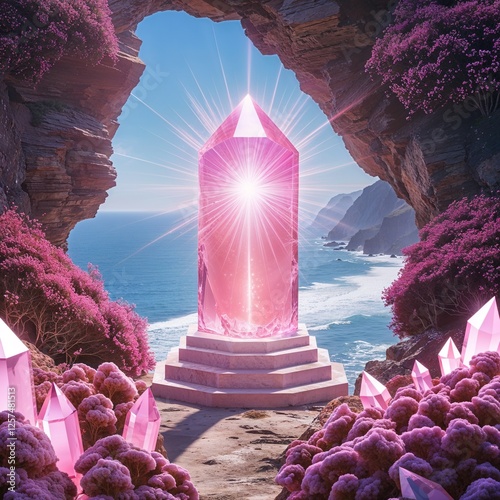 Majestic Pink Gemstone Surrounded By Lush Plants And Ocean View Under Bright Sunny Sky with a Magical Atmosphere. A Breathtaking Landscape.