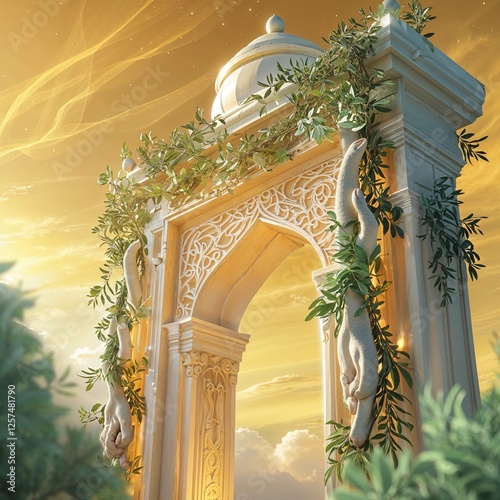 Majestic Stone Archway Draped With Green Vines Under A Radiant Golden Sky  with  sunbeams and soft clouds   and a serene landscape view.  A harmonious blend of nature and architecture.  Detail and