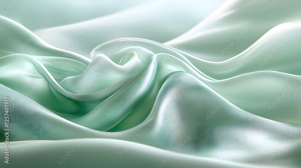 Fototapeta premium Soft green silk fabric arranged in elegant folds creating smooth, flowing waves and gentle textures.