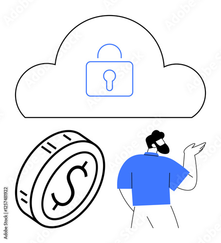 Man in blue shirt facing cloud with padlock and coin, highlighting secure online financial systems. Ideal for cybersecurity, cloud computing, fintech, banking, privacy, digital wallets, abstract line