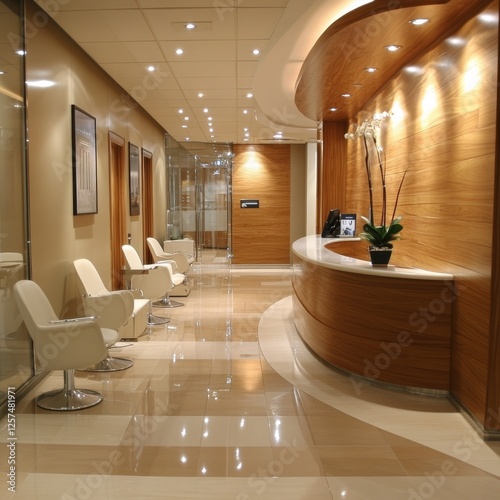 Elegant Reception Area with Wooden Accents and Modern Seating: A Polished Interior Design Showcase for Hospitality or Medical Setting