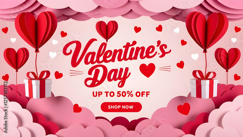 Valenine's Day sale banner, Pink heart shape paper art balloon floating in the sky