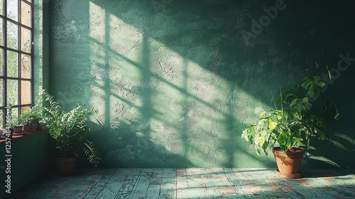 Sunlight streaming through windows in a green room with potted plants creating a serene ambiance