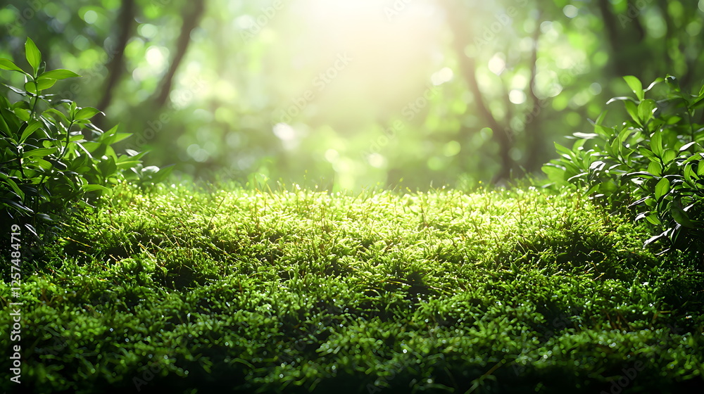 Lush green moss covering ground illuminated by soft sunlight in serene forest setting with blurred background. Lush green moss covering ground illuminated by soft sunlight in serene forest setting with blurred background.