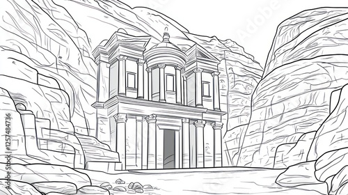 Petra Treasury, Jordan, ancient architecture, desert canyon. Coloring page