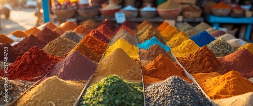 Colorful display of various spices arranged in stripes at a market stall in the afternoon photo