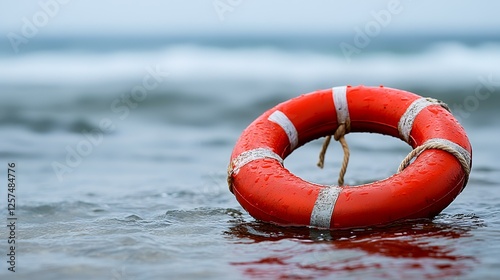 Life preserver on stormy beach; ocean waves background; safety and rescue concept; stock photo