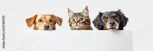 Playful capture of two dogs and a cat over a white board, on a clear background.