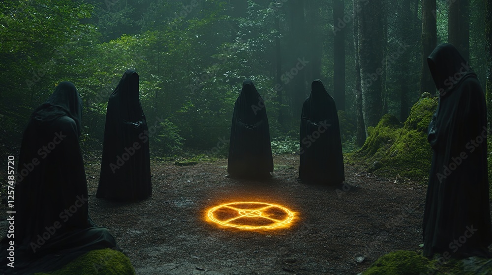 Hooded figures performing mysterious ritual around glowing ancient symbol, shrouded in mist and shadows, evoking occult and mystical atmosphere.