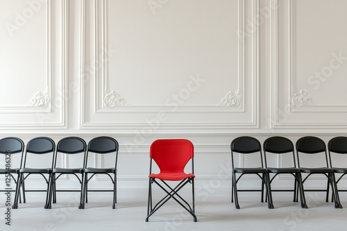 Sedia rossa tra tante sedie nere. Colloquio. Essere protagonista.