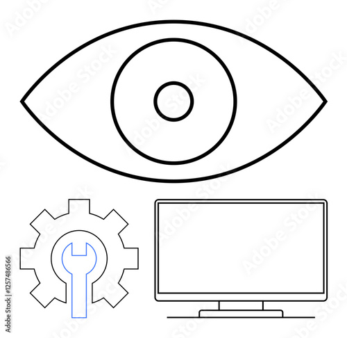 Eye and gear icons alongside a computer monitor representing vision technology, system development, and optimization. Ideal for tech solutions, development processes, system monitoring, software