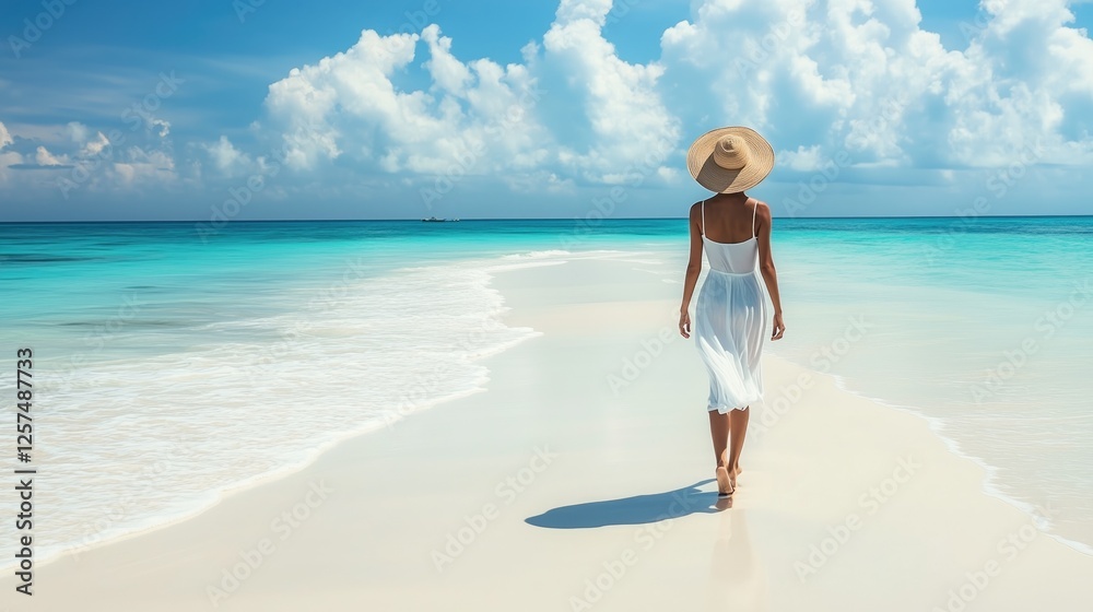 Woman in white dress walking on tropical beach with clear blue water and cloudy sky Woman in white dress walking on tropical beach with clear blue water and cloudy sky