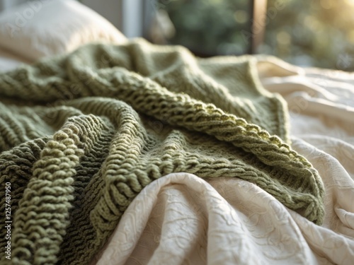 Textured bedding with a knitted blanket atop a soft fabric surface in a cozy interior setting with natural light and blurred background Copy Space photo