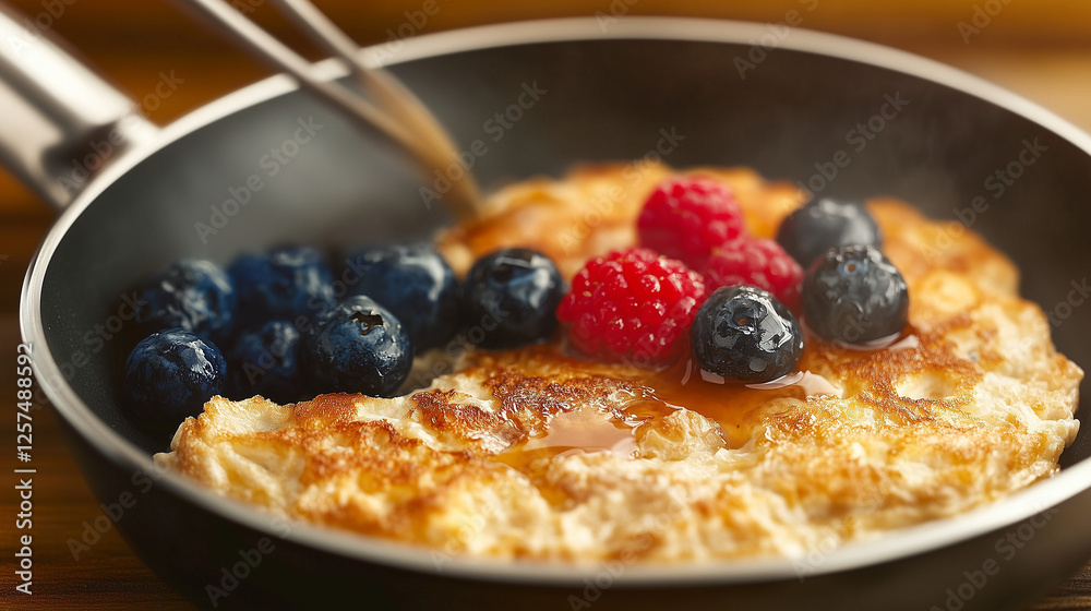 Fresh Berry-Topped Pancake with Golden Syrup in Rustic Kitchen Setting Fresh Berry-Topped Pancake with Golden Syrup in Rustic Kitchen Setting