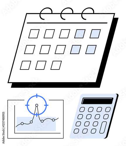 Calendar with grid squares, calculator, and chart with data points. Ideal for productivity, planning, analytics, budgeting, time management, project tracking abstract line flat metaphor