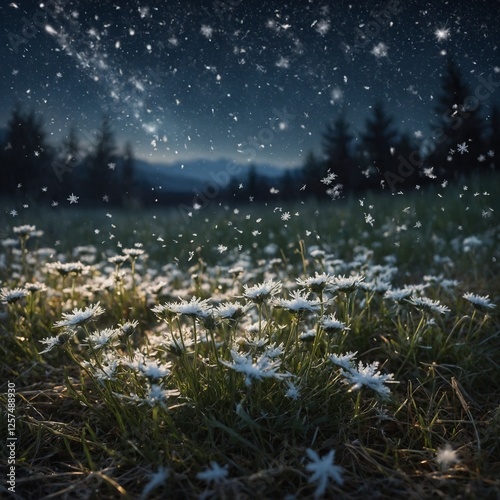A dreamy scene of snowflakes gently falling in a meadow, stars twinkling above and floral blooms scattered on the ground.