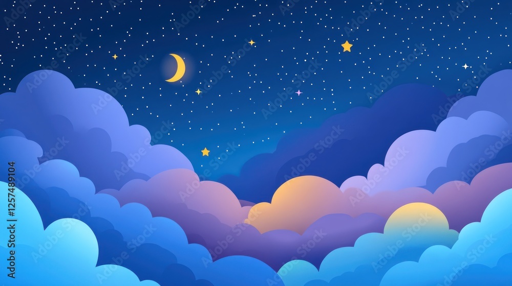 Night sky, crescent moon, cloudscape, starry background, dreamy illustration Night sky, crescent moon, cloudscape, starry background, dreamy illustration