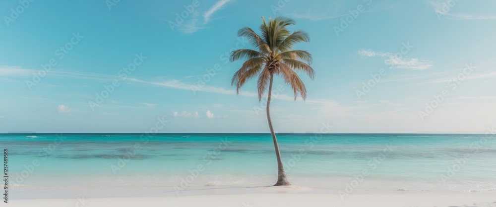 Serene Tropical Beach Scene with Palm Tree under Clear Blue Sky. Serene Tropical Beach Scene with Palm Tree under Clear Blue Sky.
