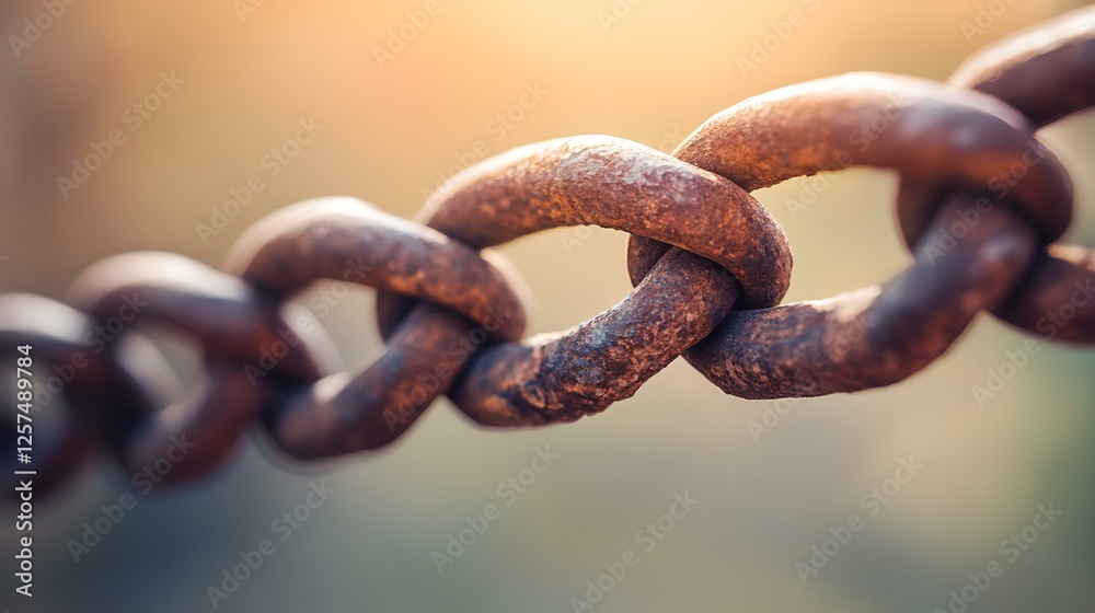 Fototapeta premium Rusty chain links close-up, outdoors, blurred background, sunlight. Strength, connection concept