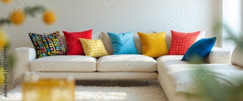 Decorative cushions in vibrant colors enhance the cozy atmosphere of a modern living room. photo