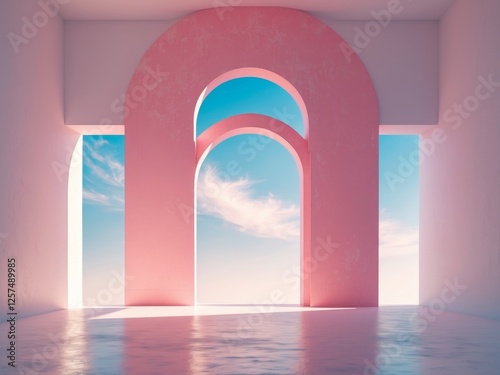 Sun shining through pink arch over empty stage in abstract minimal room with light blue sky photo