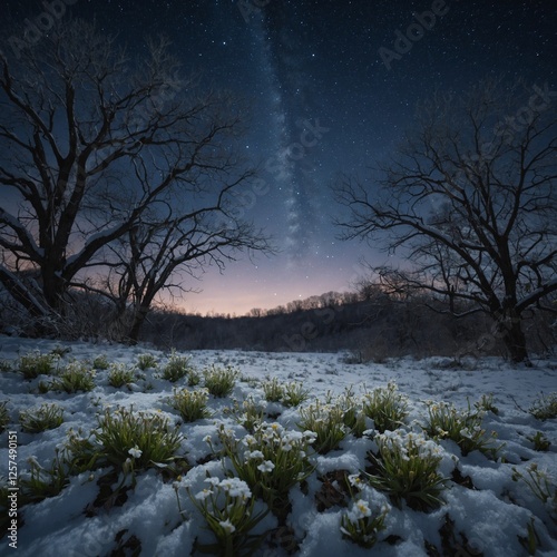 A peaceful meadow blanketed in snow, where tiny, luminous flowers emerge beneath a starlit sky.