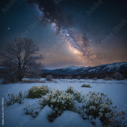 A starry night sky over a snowy meadow, with blooming flowers peeking through the snow, soft and ethereal.A