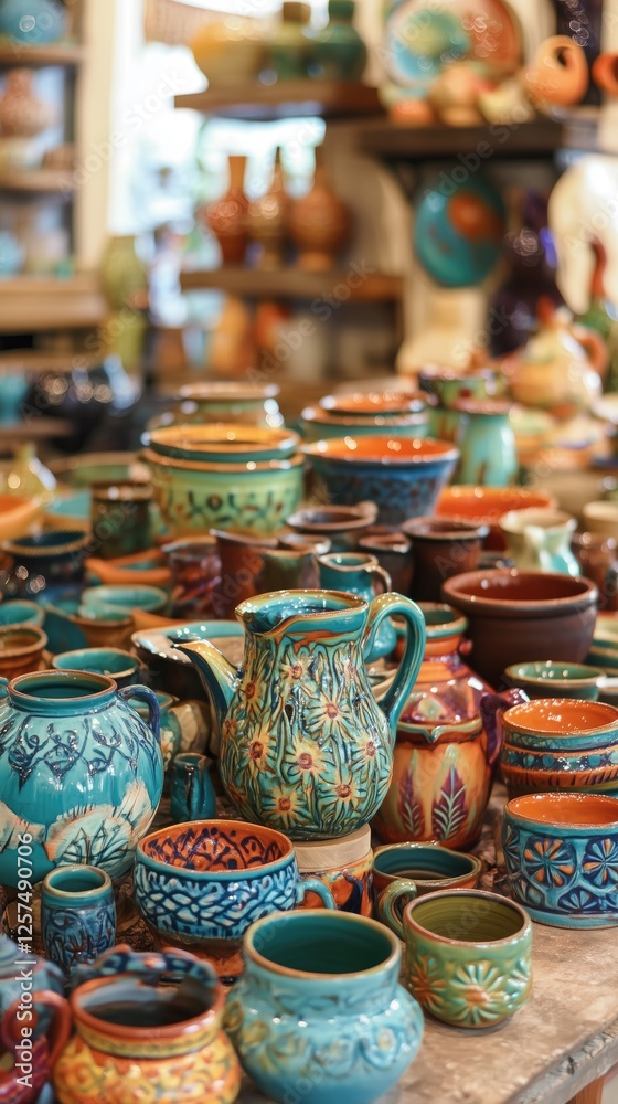 Vibrant handcrafted ceramic pottery display with colorful bowls and jugs Vibrant handcrafted ceramic pottery display with colorful bowls and jugs