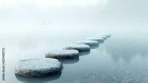 Serene stepping stones path across calm misty lake; peaceful journey concept;  background of foggy forest