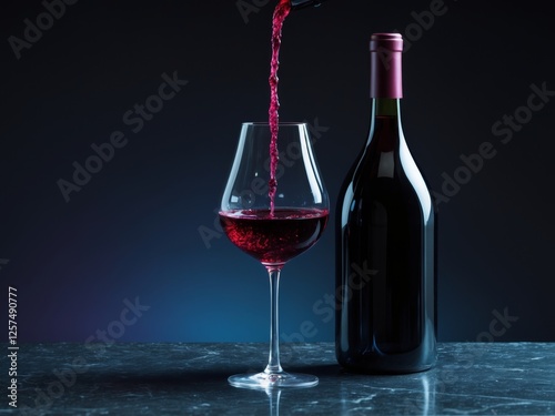 Pouring red wine into glass on dark background.